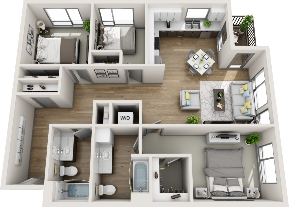 Floor plan for 2 beds, 2 baths, 1192 sqft